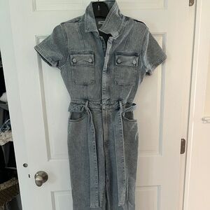 Good American short sleeve denim jumpsuit with buttons